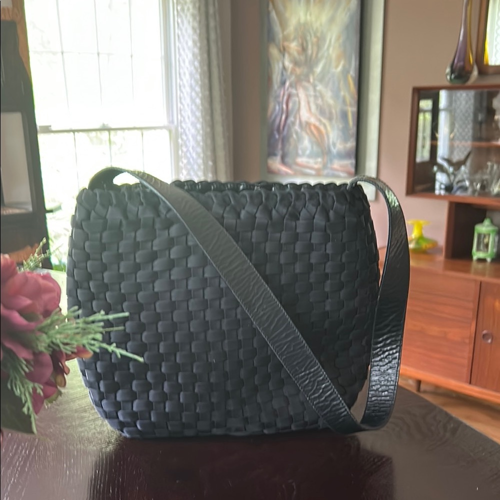Falor Black Textured Geometric Shoulder Bag. Made in Italy